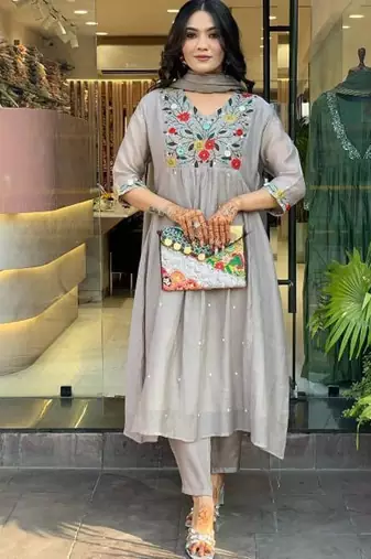 Women's  Chinon Viscose Embroidery Work Straight Kurta Pant and Dupatta Set