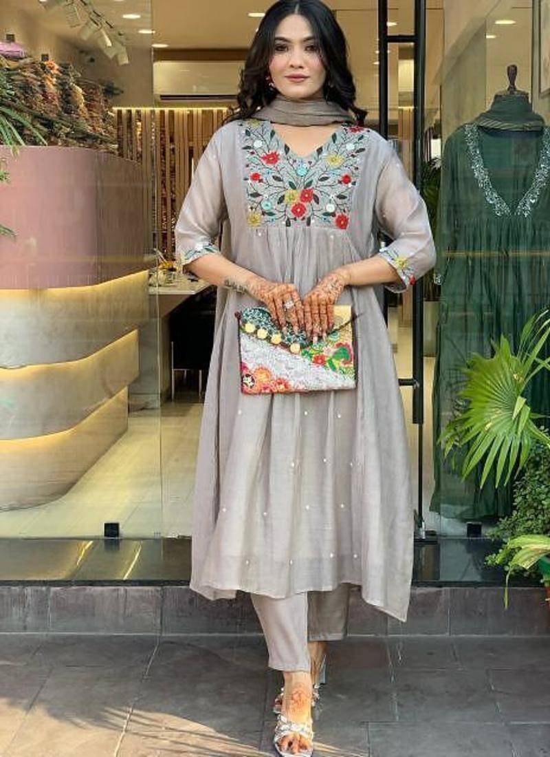 Women's Gorgeous Chinon Viscose Fabric Embroidery Work Straight Kurta Pant and Dupatta Set