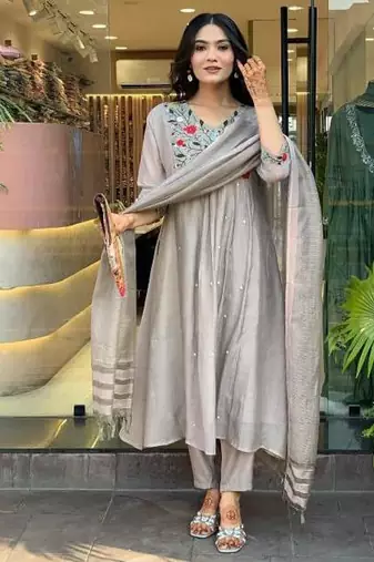 Women's  Chinon Viscose Embroidery Work Straight Kurta Pant and Dupatta Set
