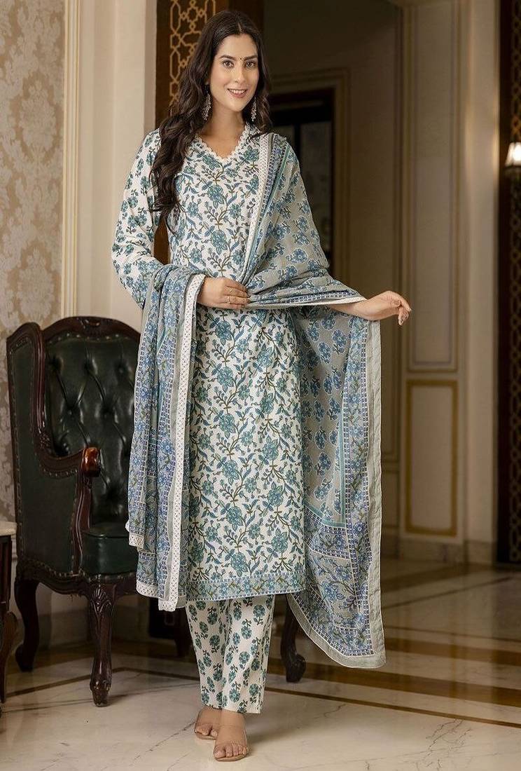 Floral printed women's v neck kurta set with dupatta