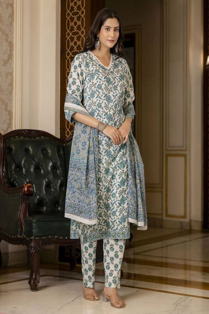 Floral printed women's v neck kurta set with dupatta
