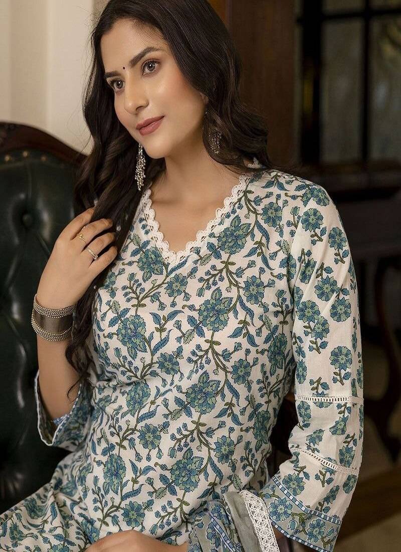 Floral printed women's v neck kurta set with dupatta