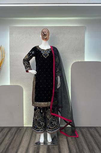Black viscose velvet cording sequence embroidery work suit with dupatta