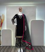 Black viscose velvet cording sequence embroidery work suit with dupatta