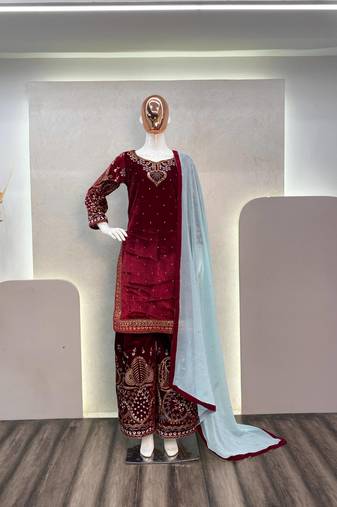 Maroon viscose velvet cording sequence embroidery work suit with dupatta