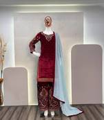 Maroon viscose velvet cording sequence embroidery work suit with dupatta