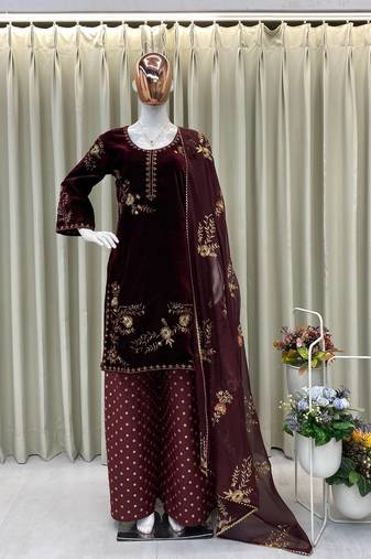 Wine velvet sequence embroidery work kurta & plazzo with dupatta