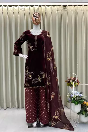 Wine velvet sequence embroidery work kurta & plazzo with dupatta