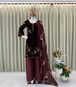 Wine velvet sequence embroidery work kurta & plazzo with dupatta