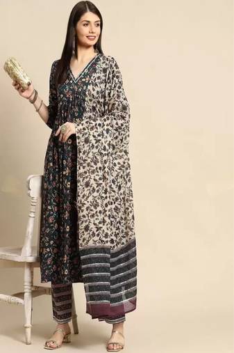 Women's floral printed kurta set with chanderi dupatta