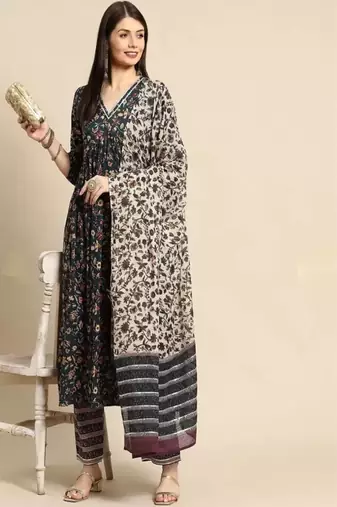 Women's floral printed kurta set with chanderi dupatta