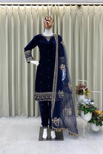 Blue velvet sequence embroidery work kurta & bottom with dupatta