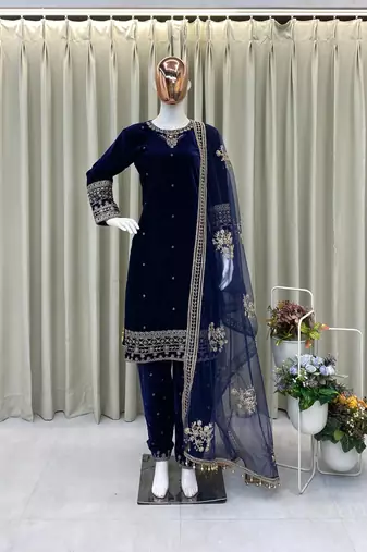 Blue velvet sequence embroidery work kurta & bottom with dupatta