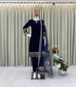 Blue velvet sequence embroidery work kurta & bottom with dupatta