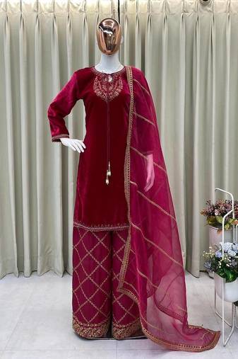 Pink velvet sequence embroidery work kurta & bottom with dupatta