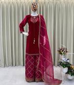 Pink velvet sequence embroidery work kurta & bottom with dupatta