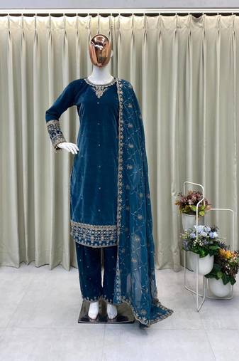 Sea blue velvet sequence embroidery work kurta & bottom with dupatta