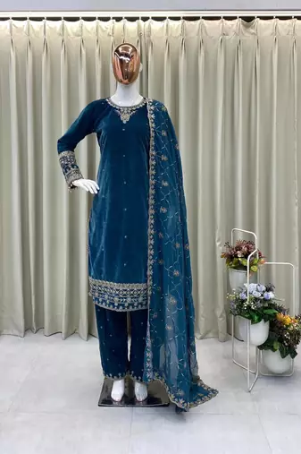 Sea blue velvet sequence embroidery work kurta & bottom with dupatta