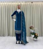 Sea blue velvet sequence embroidery work kurta & bottom with dupatta