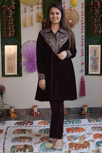 Purple velvet sequence embroidery work top with plazzo