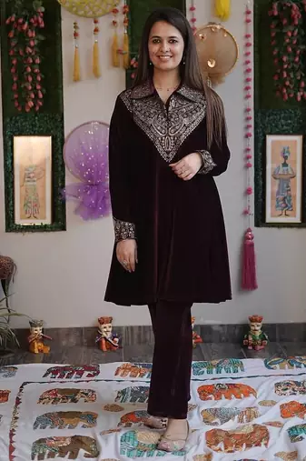 Purple velvet sequence embroidery work top with plazzo