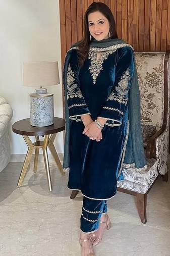 Teal velvet cording sequence embroidery work suit with dupatta
