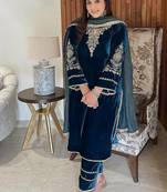Teal velvet cording sequence embroidery work suit with dupatta