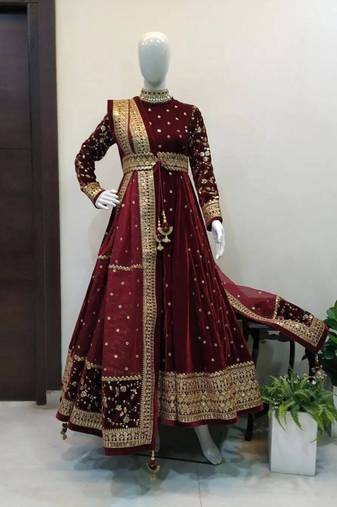 Wine viscose velvet sequence embroidery work gown dupatta with belt
