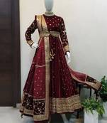 Wine viscose velvet sequence embroidery work gown dupatta with belt