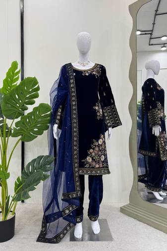 Navy blue viscose velvet sequence embroidery work kurta & bottom with dupatta