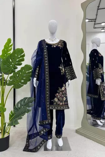 Navy blue viscose velvet sequence embroidery work kurta & bottom with dupatta