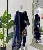Navy blue viscose velvet sequence embroidery work kurta & bottom with dupatta