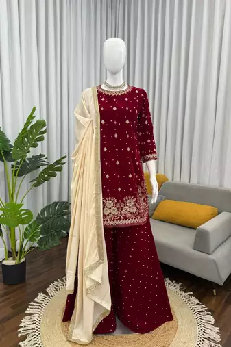 Maroon viscose velvet intricate thread & sequence with peral work top plazzo with dupatta