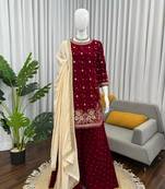 Maroon viscose velvet intricate thread & sequence with peral work top plazzo with dupatta