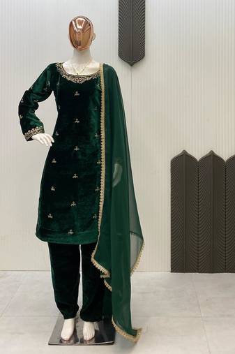 Green velvet sequence embroidery work kurta & bottom with dupatta
