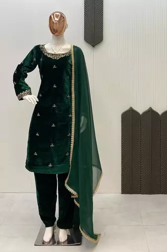 Green velvet sequence embroidery work kurta & bottom with dupatta