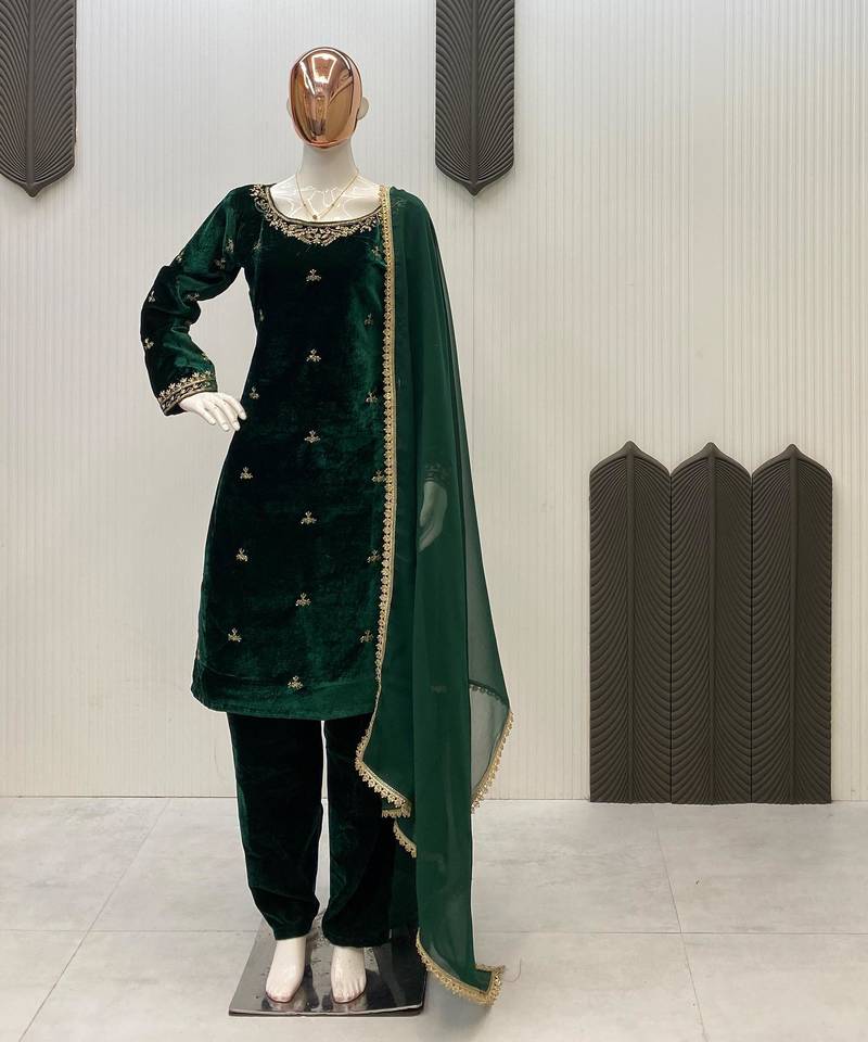 Green velvet sequence embroidery work kurta & bottom with dupatta