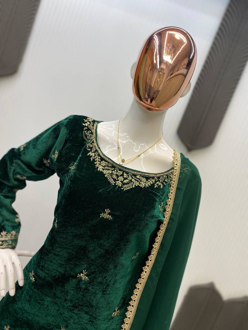 Green velvet sequence embroidery work kurta & bottom with dupatta