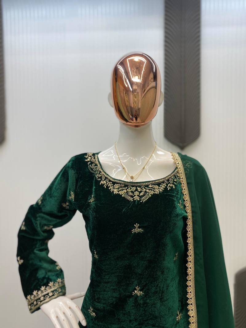 Green velvet sequence embroidery work kurta & bottom with dupatta