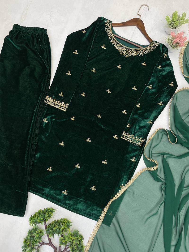 Green velvet sequence embroidery work kurta & bottom with dupatta