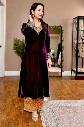 Purple velvet sequence embroidery with real mirror work suit & plazzo with dupatta