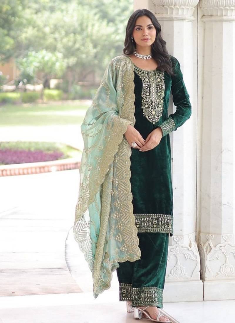 Green velvet with rich sequins & zari embroidered work top bottom wirh dupatta