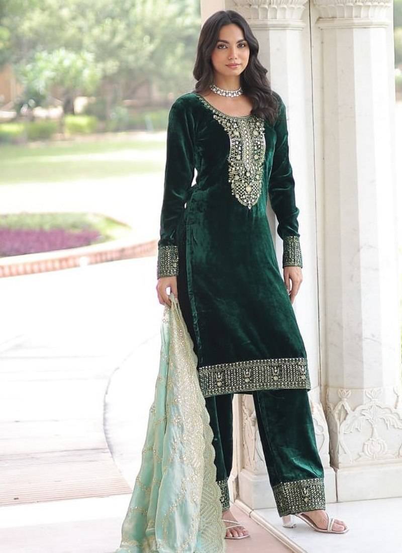 Green velvet with rich sequins & zari embroidered work top bottom wirh dupatta