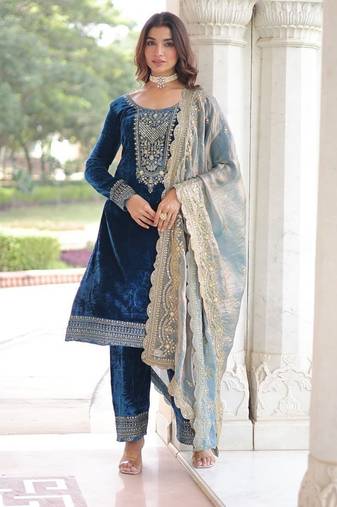 Morpeach velvet with rich sequins & zari embroidered work top bottom wirh dupatta