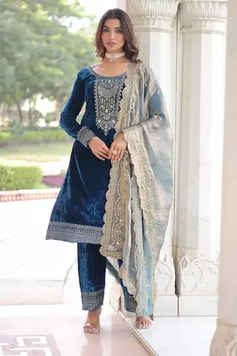Morpeach velvet with rich sequins & zari embroidered work top bottom wirh dupatta