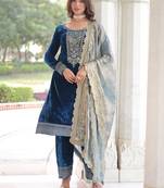 Morpeach velvet with rich sequins & zari embroidered work top bottom wirh dupatta