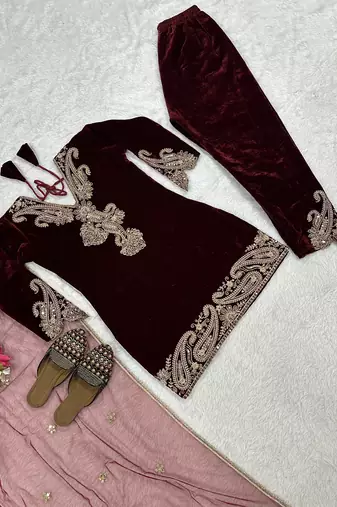 Wine viscose velvet cording sequence embroidery work suit-bottom with dupatta