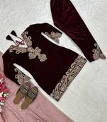 Wine viscose velvet cording sequence embroidery work suit-bottom with dupatta