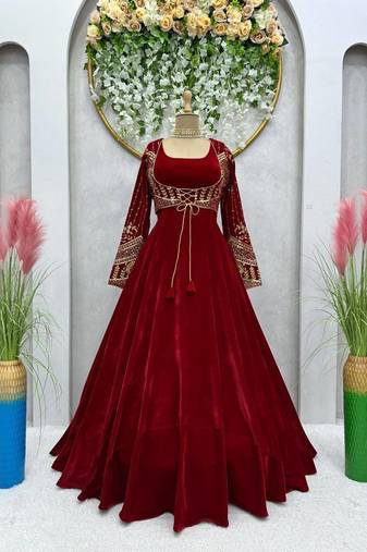 Maroon velvet thread with sequence work gown with koti