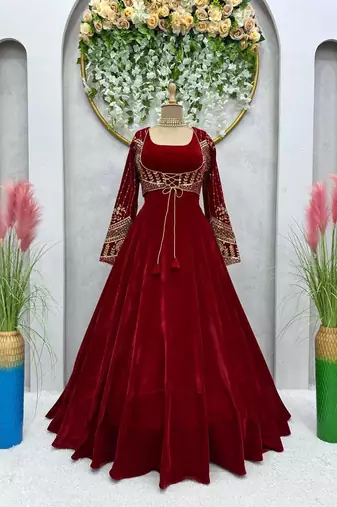 Maroon velvet thread with sequence work gown with koti